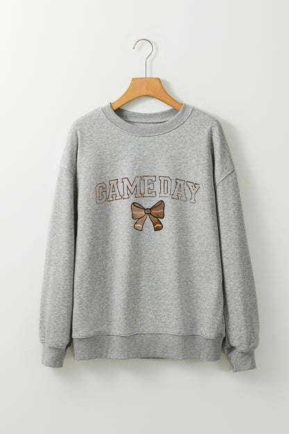 Gray GAME DAY Rugby Bow Embroidered Casual Sweatshirt