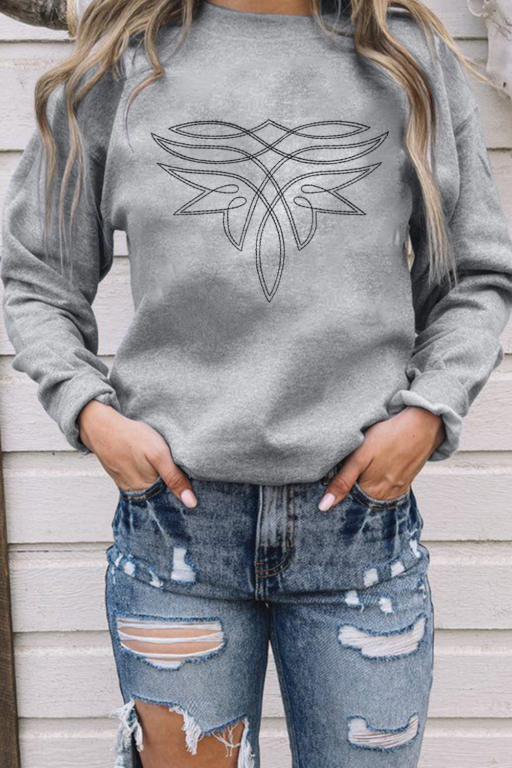 Gray Western Pattern Embroidered Drop Shoulder Pullover Top