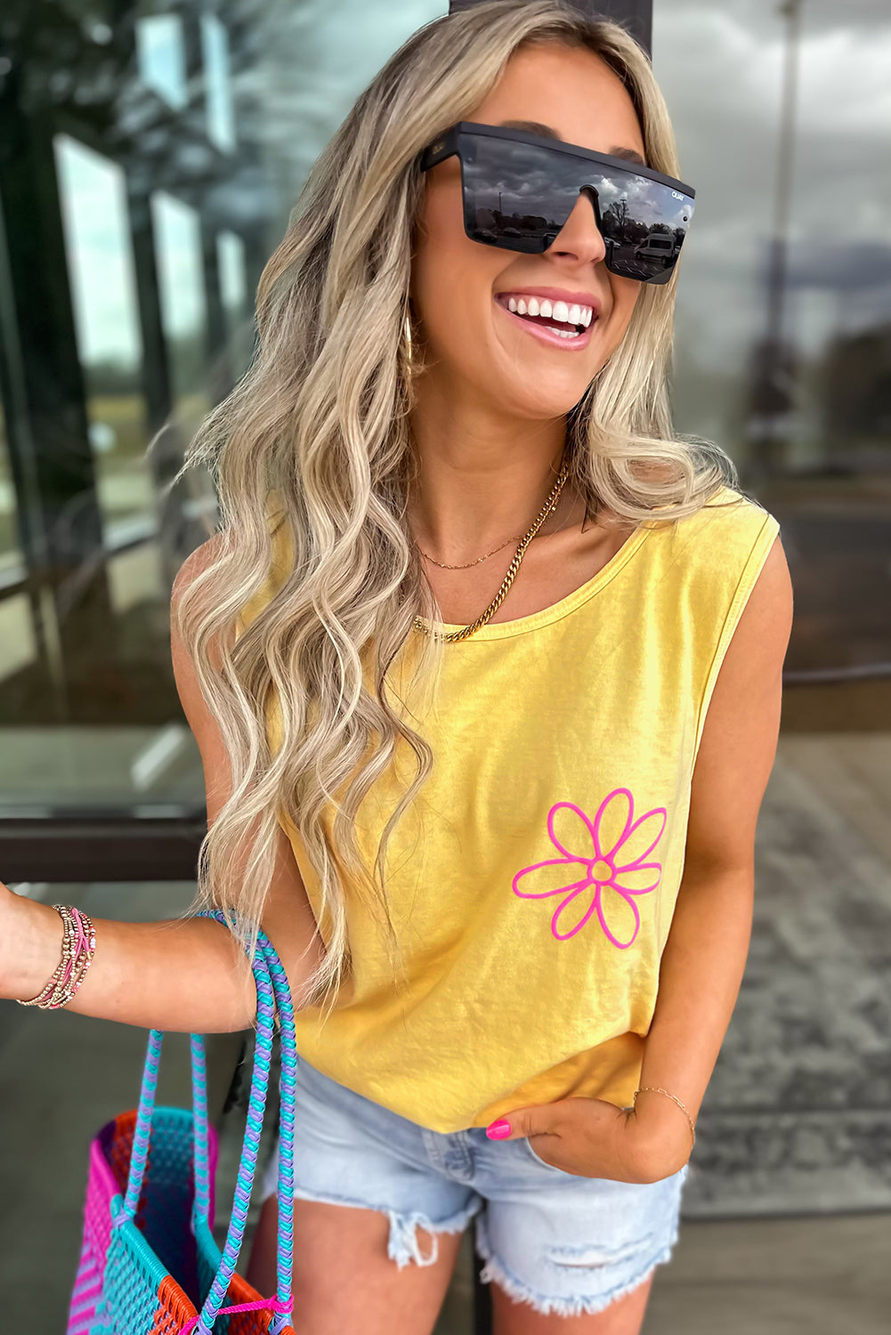Yellow Cream Flower Graphic Casual Tank Top