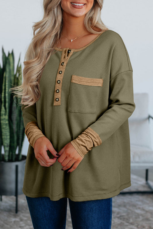 Vineyard Green Color Block Waffle Textured Tunic Henley Top with Slits