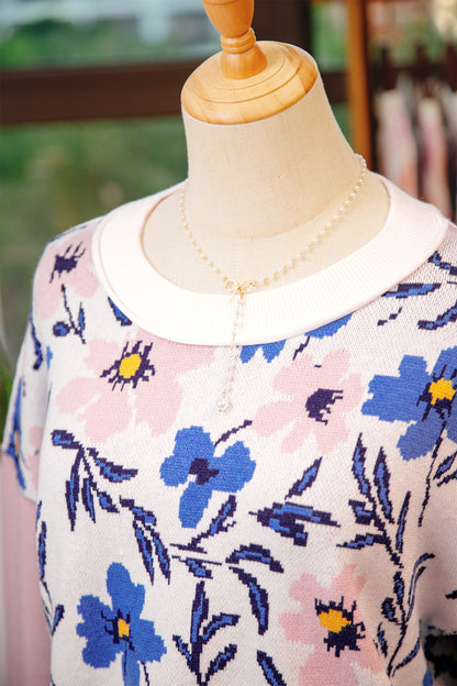 Khaki Floral Panel Colorblock Sleeve Patchwork Sweater