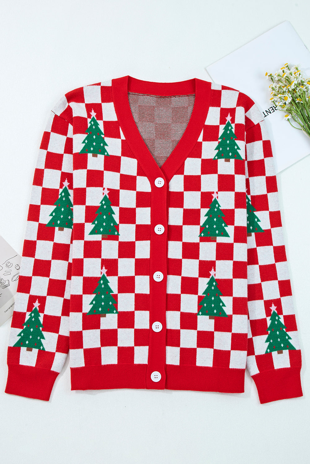 Red Checkered Christmas Tree Pattern Button V Neck Cardigan Sweater