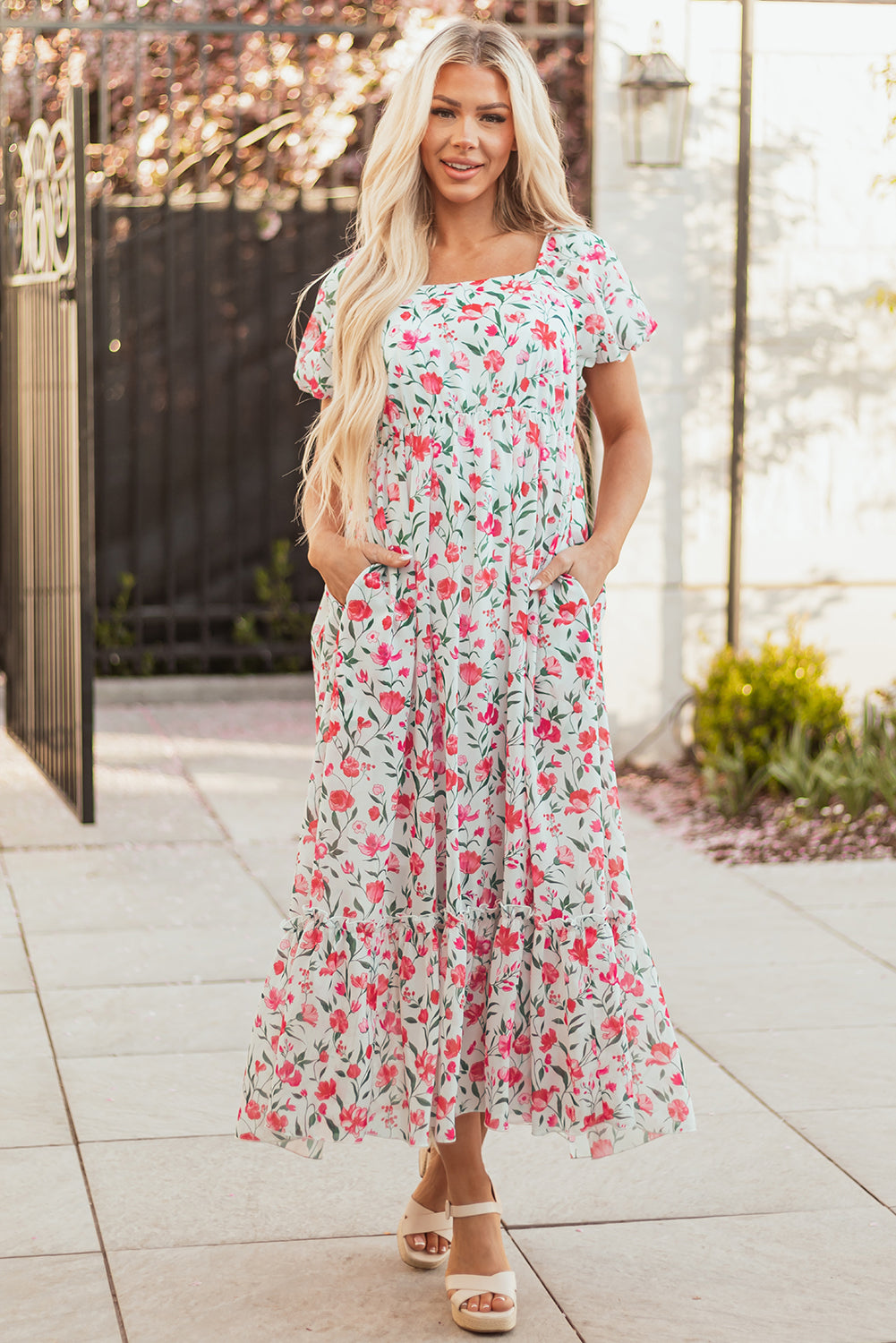 Pink Floral Puff Sleeve Square Neck Empire Waist Tiered Maxi Dress