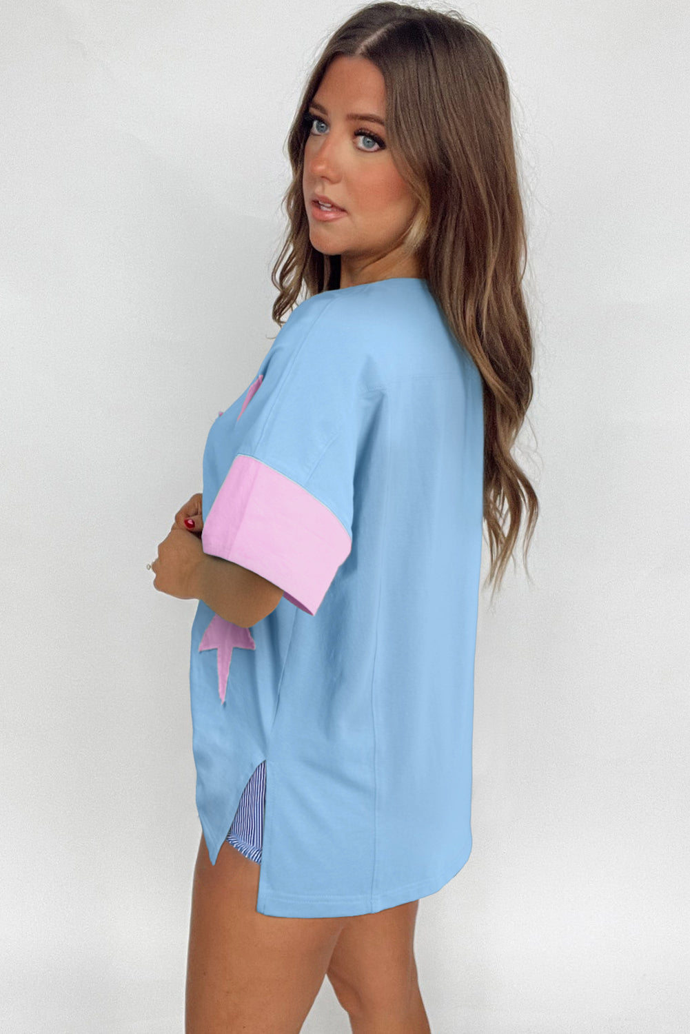 Myosotis Frayed Denim Star Patched Oversize T Shirt