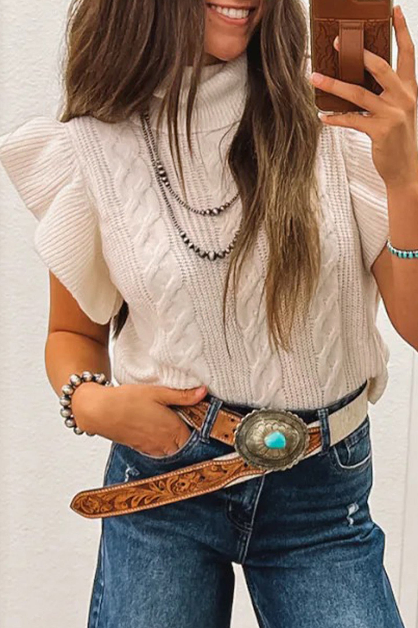 Tomato Red Cable Knit Turtleneck Ruffled Short Sleeve Sweater