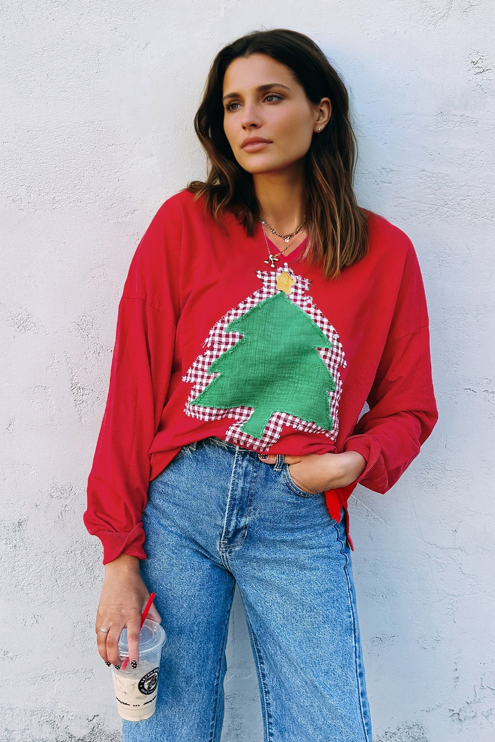 Fiery Red Plaid Frayed Double Christmas Tree Patched Drop Shoulder Sweatshirt