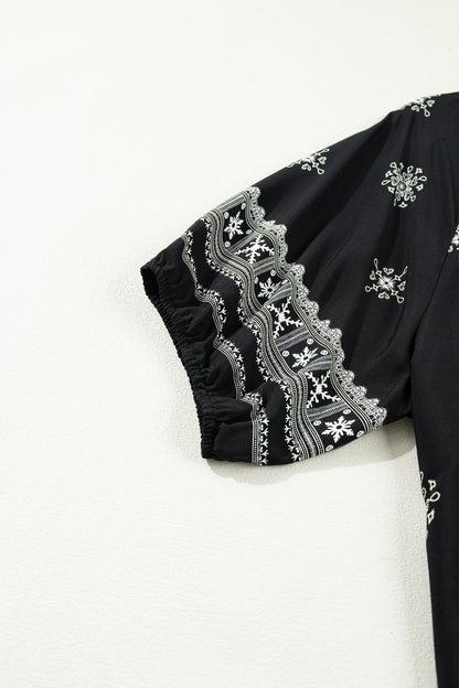 Black Boho Chic Notched V Neck Plus Floral Short Sleeve Top