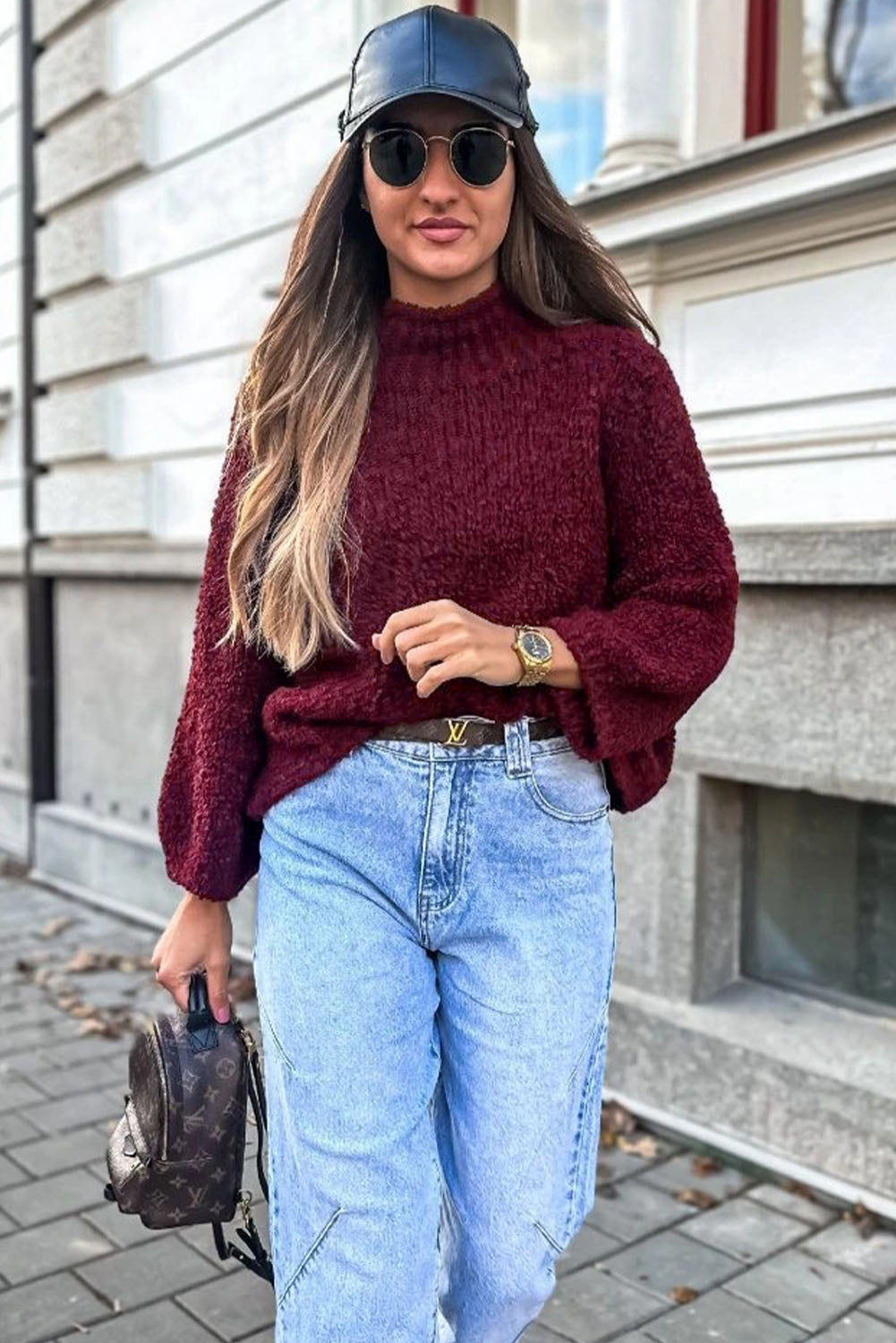 Burgundy Popcorn Mock Neck Solid Sweater