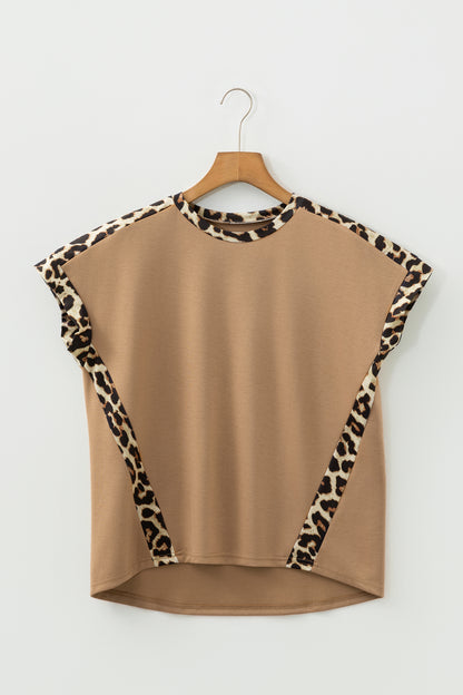 Light French Beige Leopard Trim Round Neck Loose T Shirt