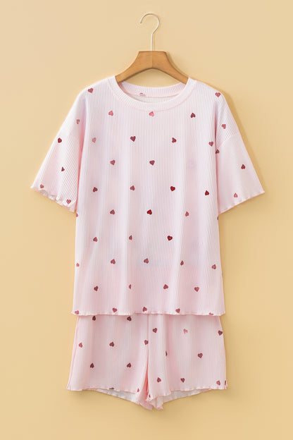 Light Pink Valentine Heart Shape Print Ribbed Knit Short Lounge Set