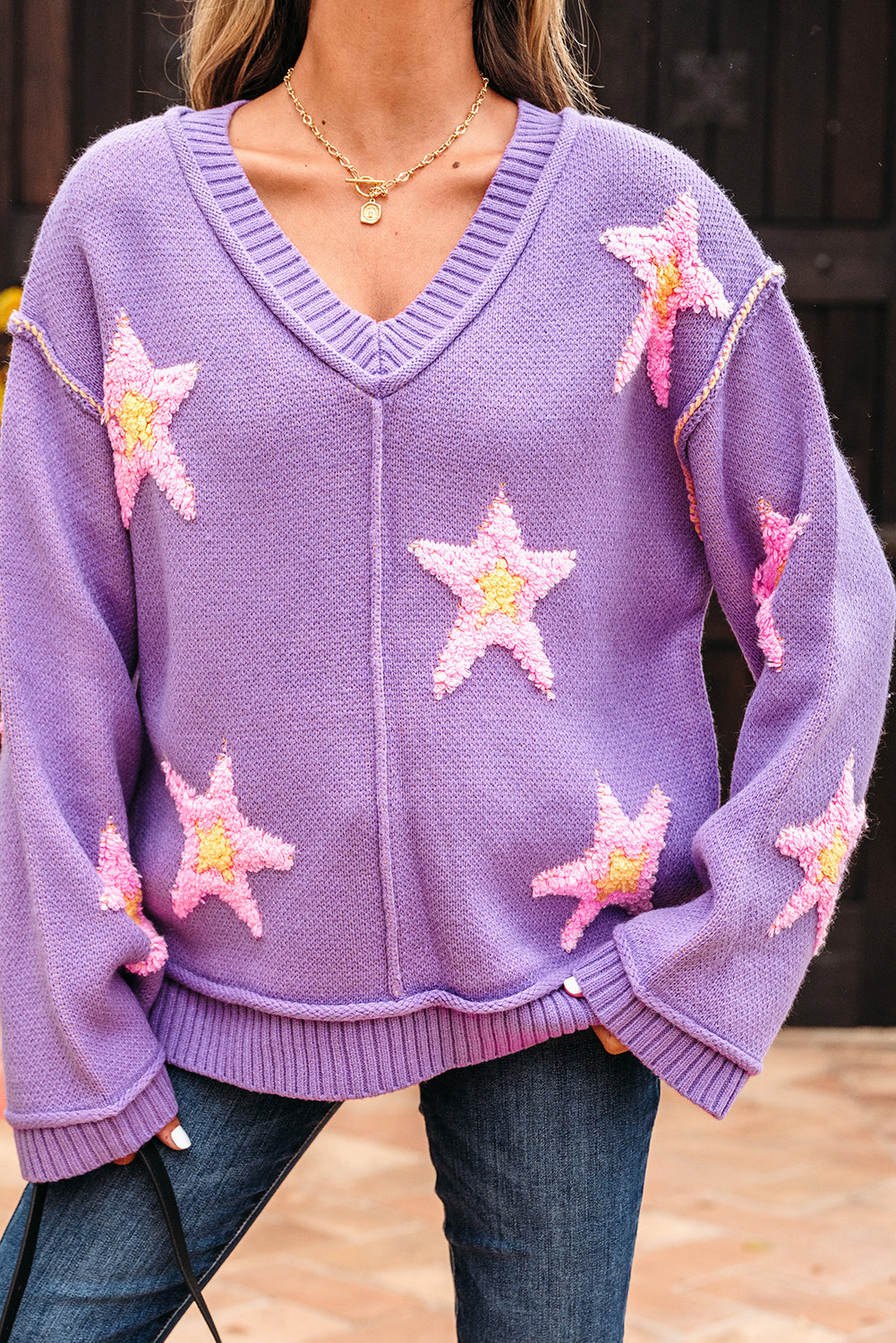 Lavendula Brushed Star Graphic V Neck Drop Shoulder Oversize Sweater
