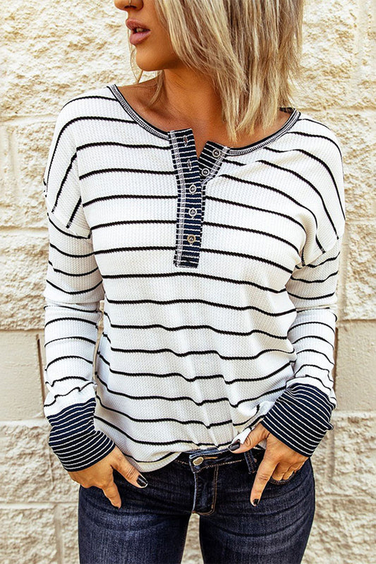 White Striped Buttoned Henley Waffle Knit Top