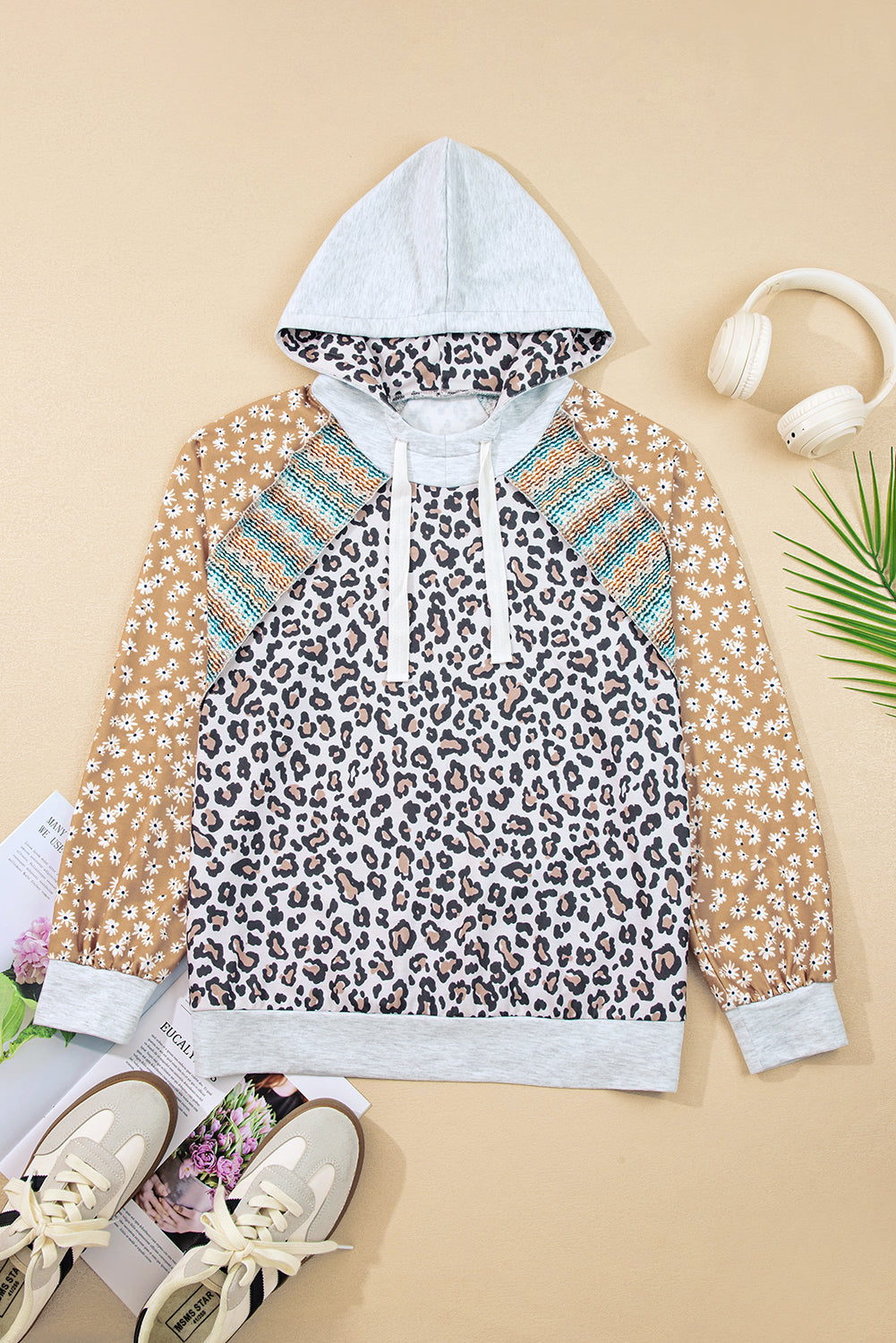 Multicolor Leopard Floral Patchwork Drawstring Hoodie