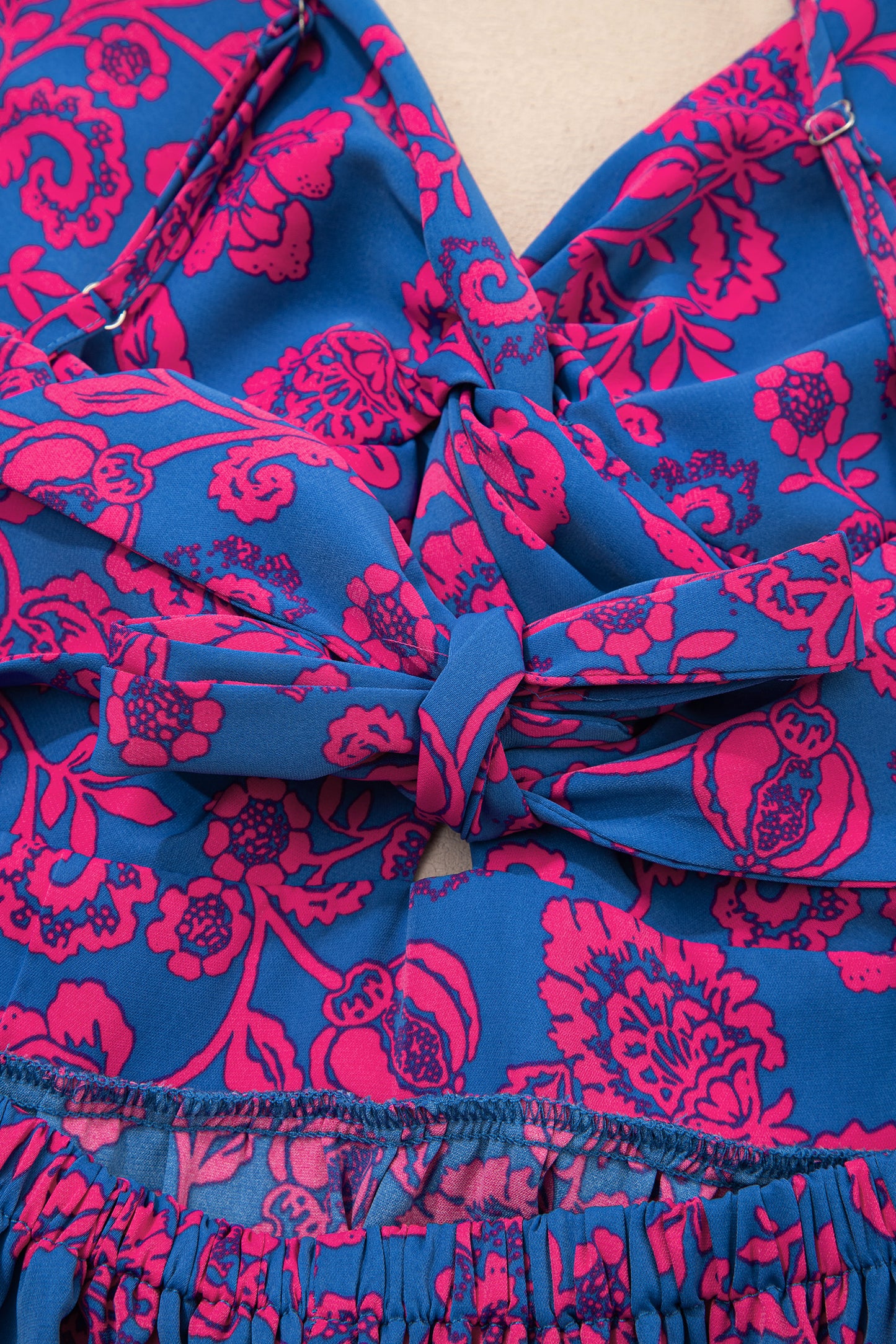 Blue Floral Print Twisted V Neck Tied Backless Maxi Dress