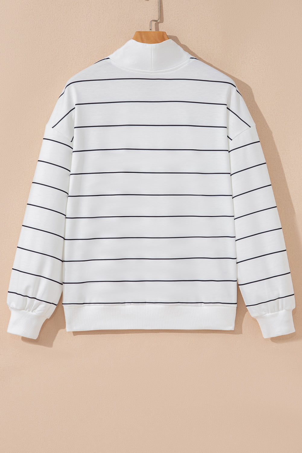 White Zip V Neck Casual Stripe Print Drop Shoulder Long Sleeve Top