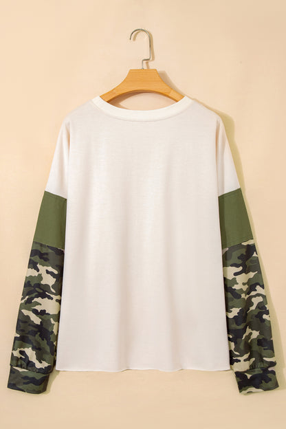 Apricot Camo Print Patchwork Sleeve Raw Hem Plus Size Sweatshirt