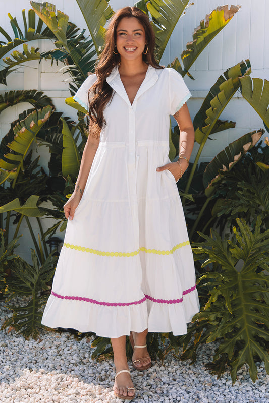 White Colorblock Rickrack Trim Short Sleeve Drawstring Waist Long Dress