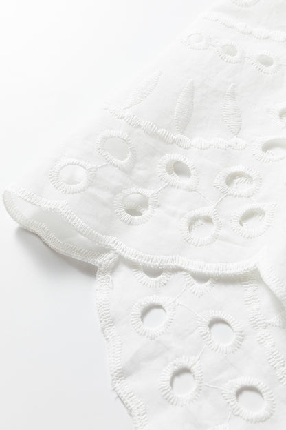 White Eyelet Embroidered Puff Sleeve Crop Shirt