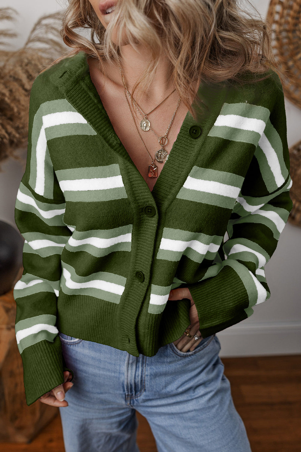 Green Stripe Drop Shoulder Buttons Cardigan Sweater
