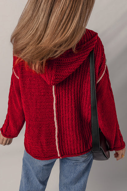 Racing Red Color Contrast Trim Textured Knit Drawstring Hooded Sweater