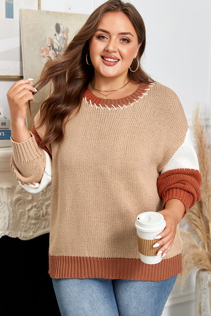 Light French Beige Contrast Stitch Detail Color Block Knitted Plus Size Sweater