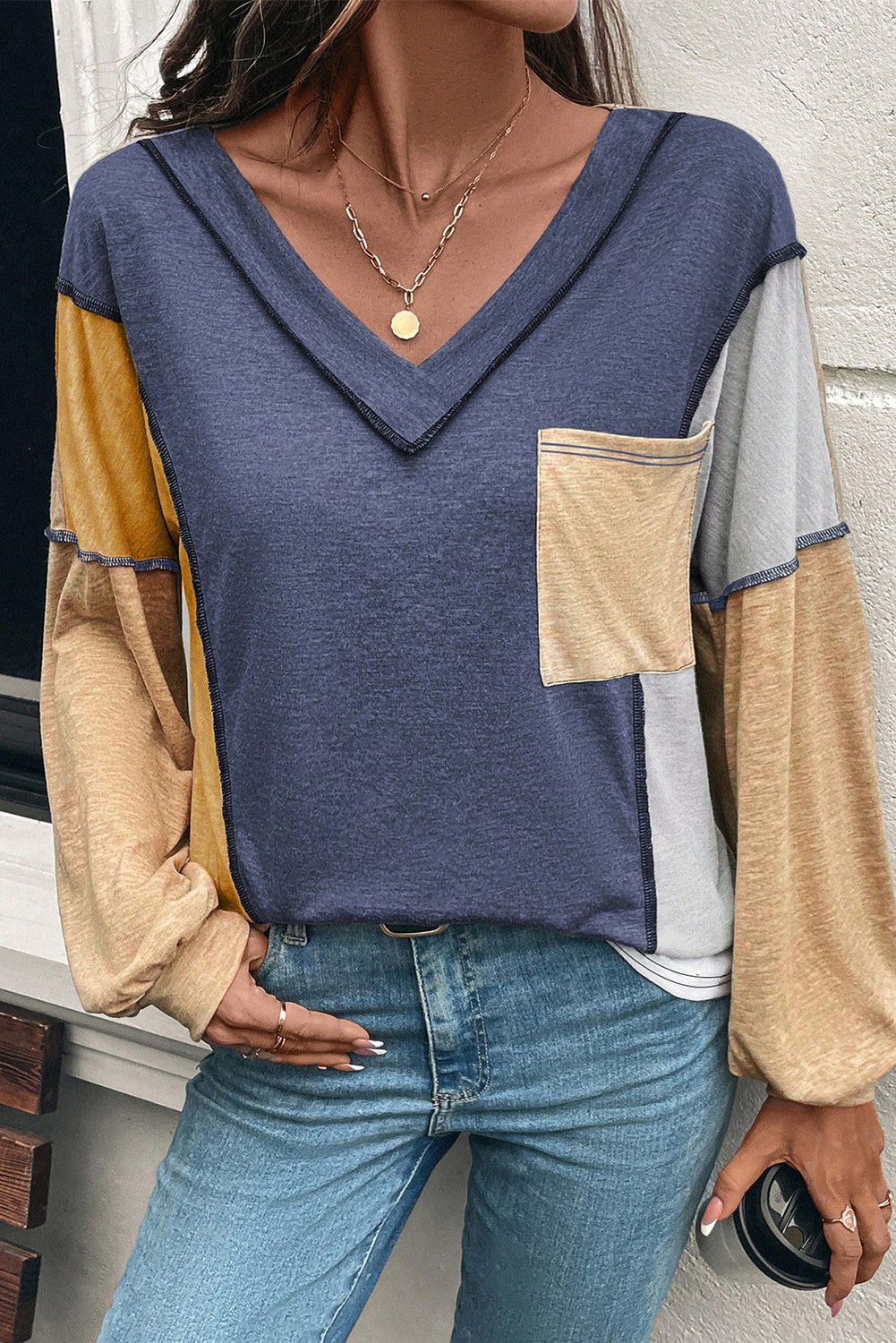 Sail Blue Exposed Stitching Colorblock V Neck Long Sleeve Top
