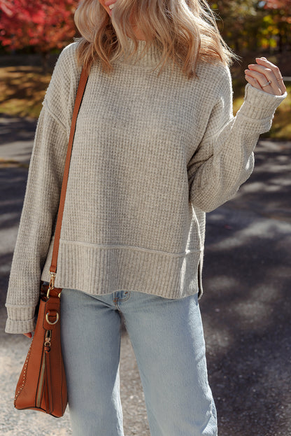 Gray Morn Waffle Texture Knit Ribbed High Neck Drop Shoulder Sweater