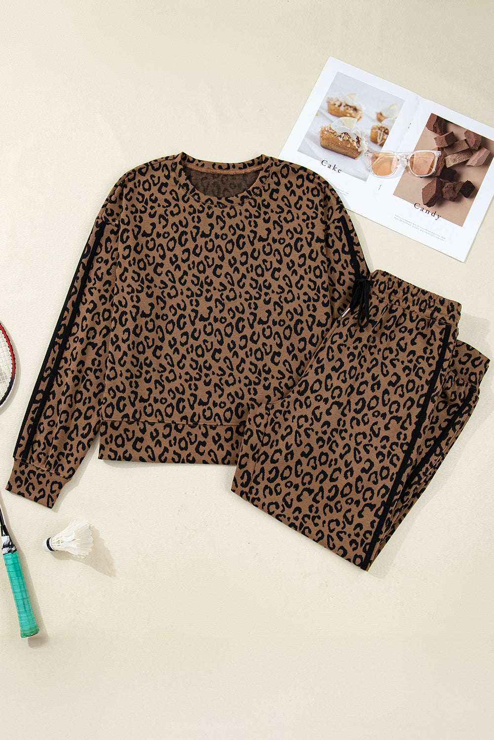 Brown Varsity Striped Trim Leopard Long Sleeve Top Drawstring Pant Set