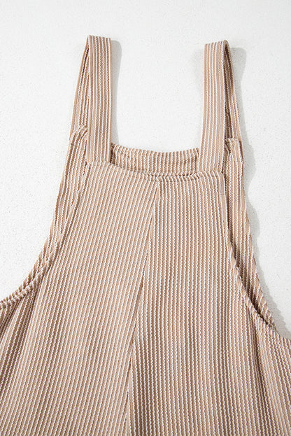 Parchment Ribbed Knit Patched Pocket Wide Leg Overalls