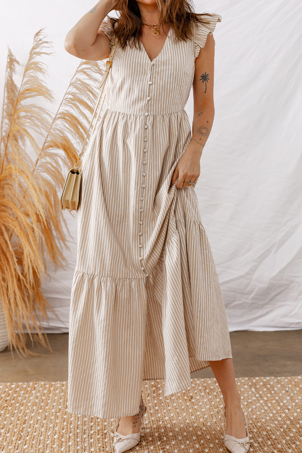 Khaki Stripe Flutter Sleeve Buttoned Front Slit Maxi Dress
