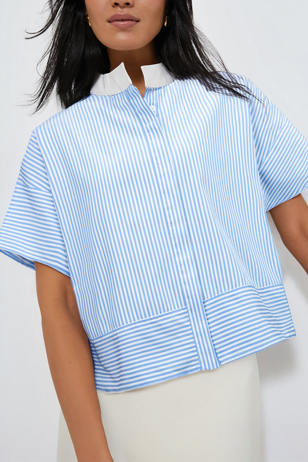 Sky Blue Stripe Contrast Collar Patchwork Hidden Button Short Sleeve Summer Shirt