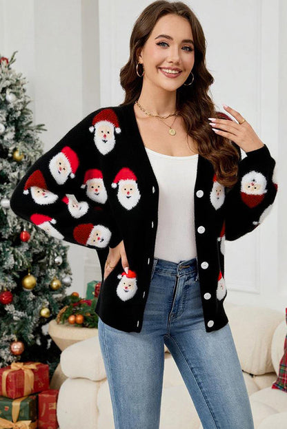 Pink Christmas Santa Claus Pattern Button V Neck Sweater Cardigan