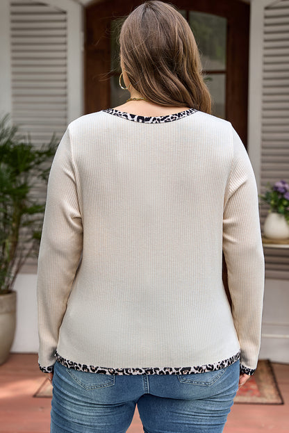 Parchment Ribbed Contrast Leopard Edge Round Neck Plus Knit Top