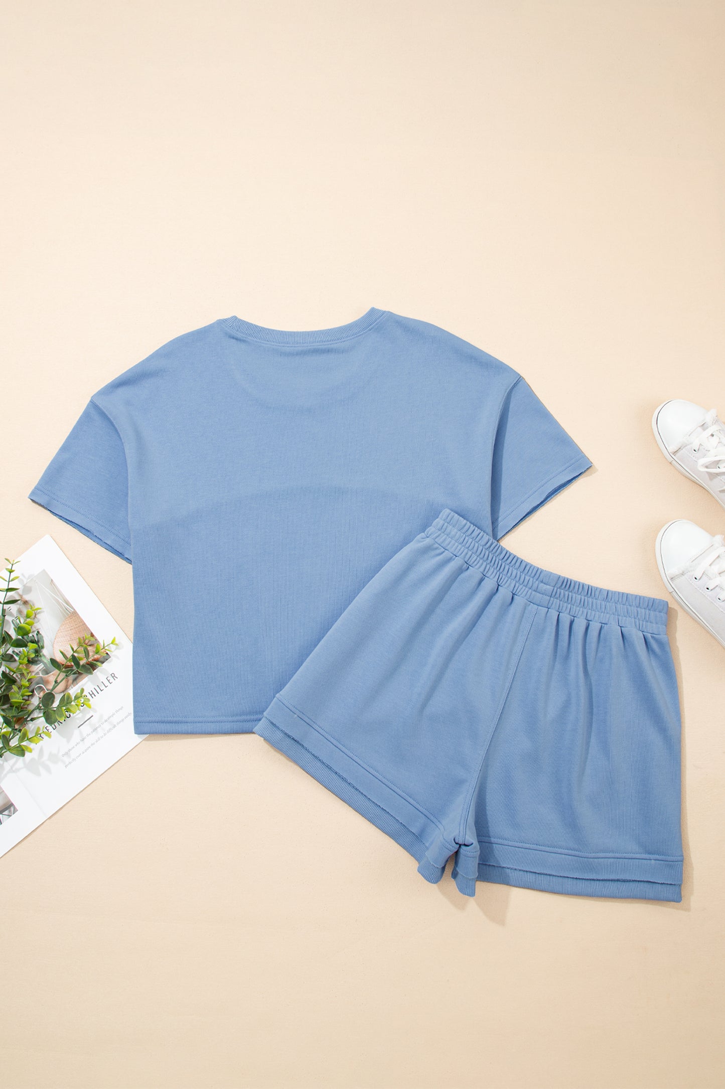 Sky Blue Solid Color Contrast Textured Patchwork Raw Edge 2pcs Short Set