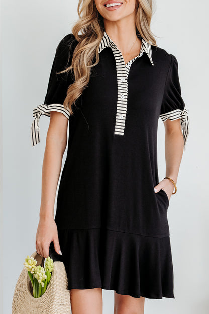 Black Stripe Detail Polo Collar Half Buttons Tied Short Sleeve Shift Mini Dress