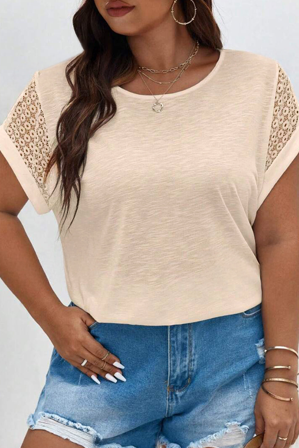 Parchment Lace Patchwork Short Sleeve Round Neck Plus Size Summer Top