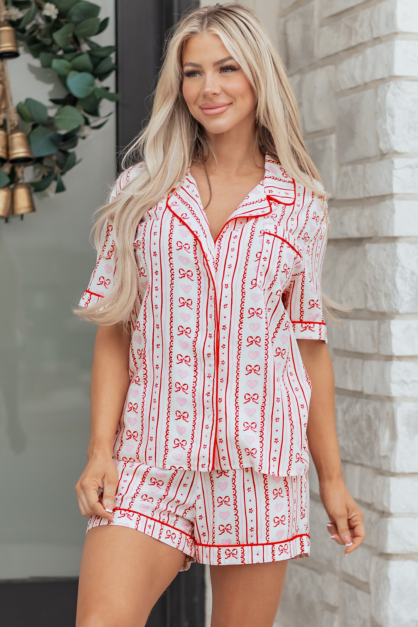 Red Cute Bow Heart Print Ribbon Decor Short 2pcs Pajama Set