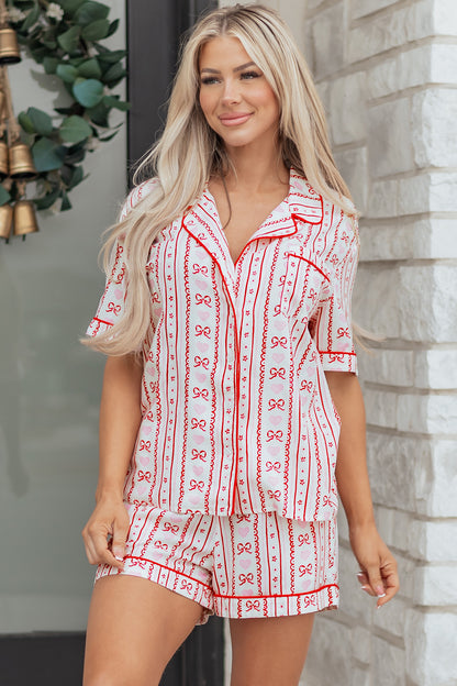 Red Cute Bow Heart Print Ribbon Decor Short 2pcs Pajama Set