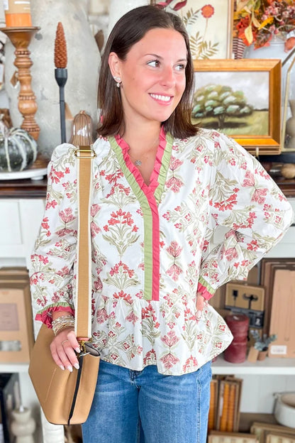 Floral Print Frilled Color Block Trim V Neck Long Sleeve Peplum Top