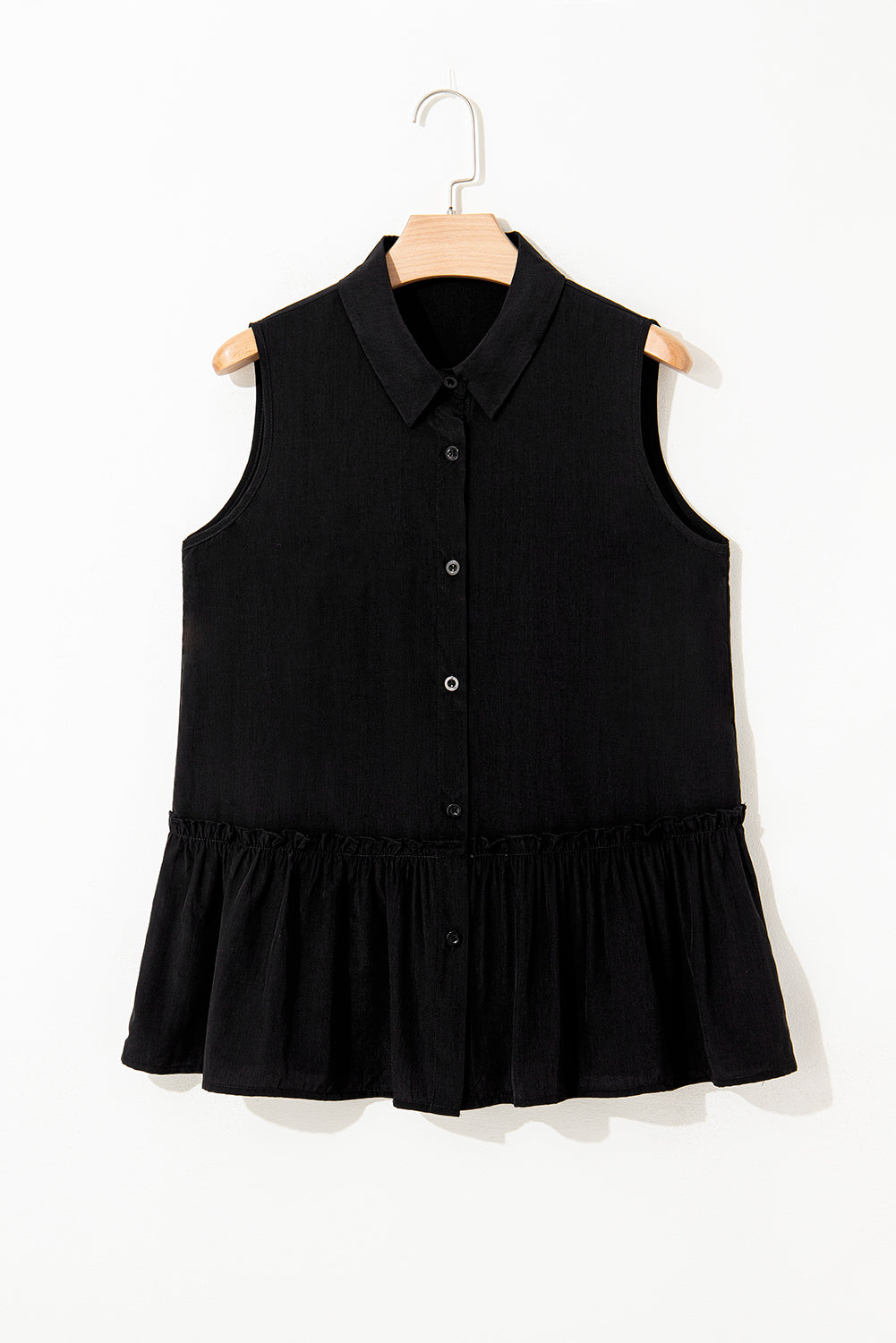 Black Sleeveless Buttoned Front Ruffle Hem Tunic Shirt