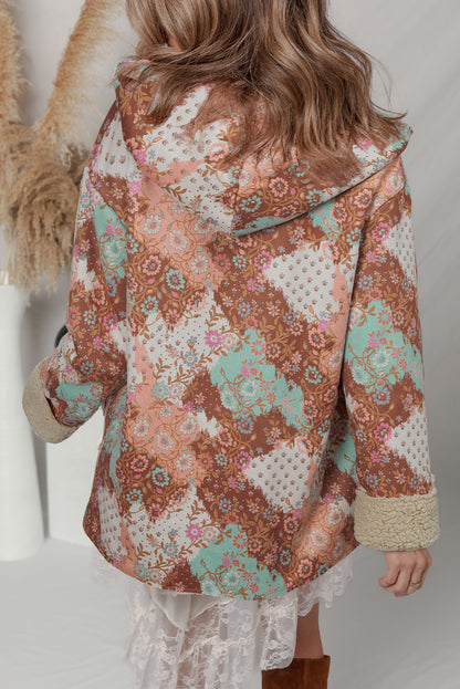 Beige Vintage Paisley Floral Printed Sherpa Lined Hooded Jacket