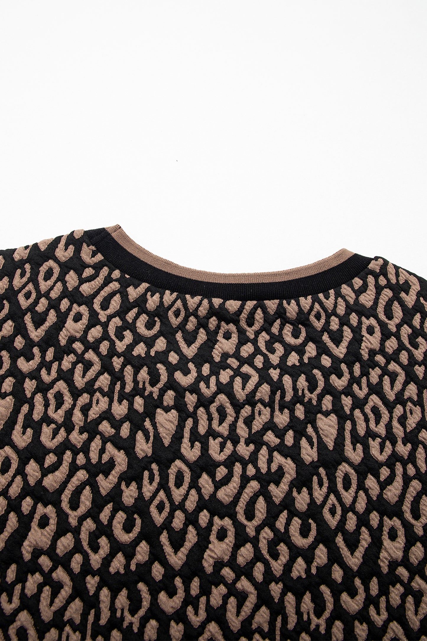 Black Leopard Print Puffy Bracelet Sleeve Contrast Trim Round Neck Top