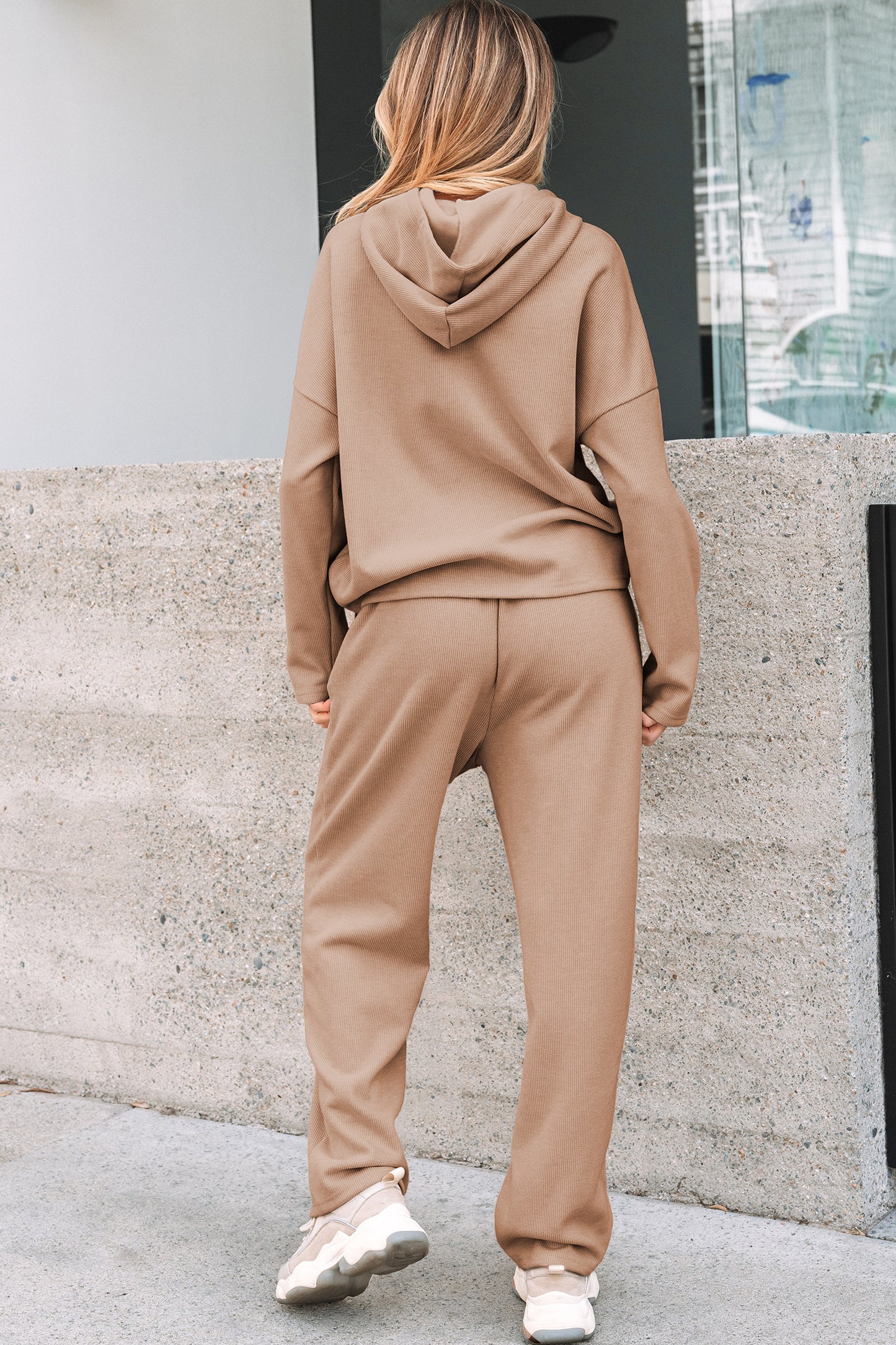Rose Tan Lace Drawstring Pullover Hoodie and High Waist Pants Corduroy Suit