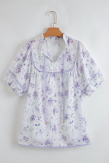 Purple Floral Trimmed Detail Split Neck Plus Size Top
