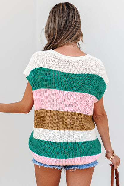Pink Color Block Notch V Neck Sweater T Shirt