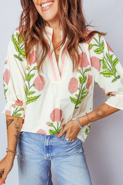 Casual Wild Flower Print V Neck 3/4 Sleeve Blouse