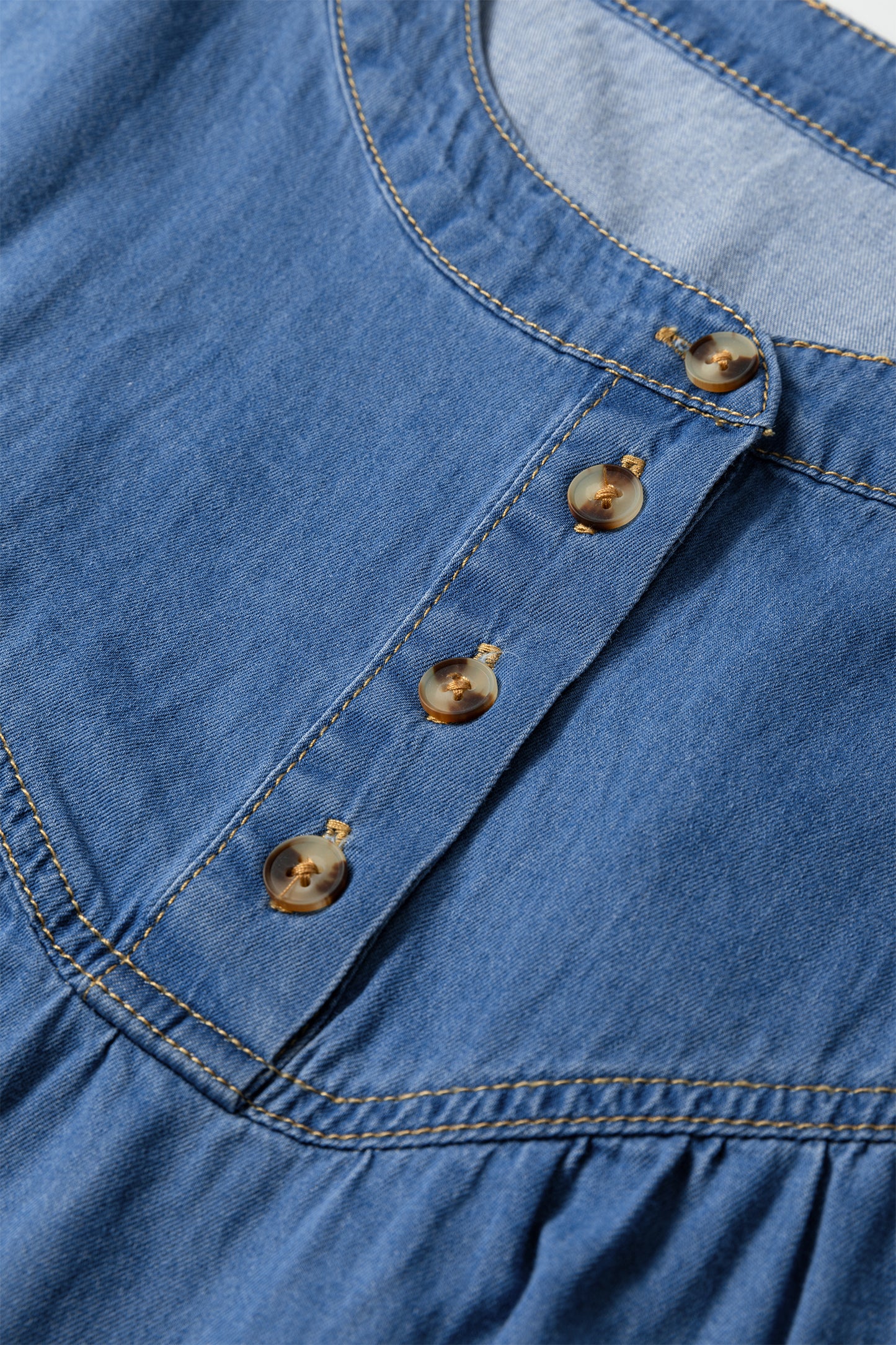 Beau Blue Seam Pleated Detail Half Button Short Sleeve Denim Top