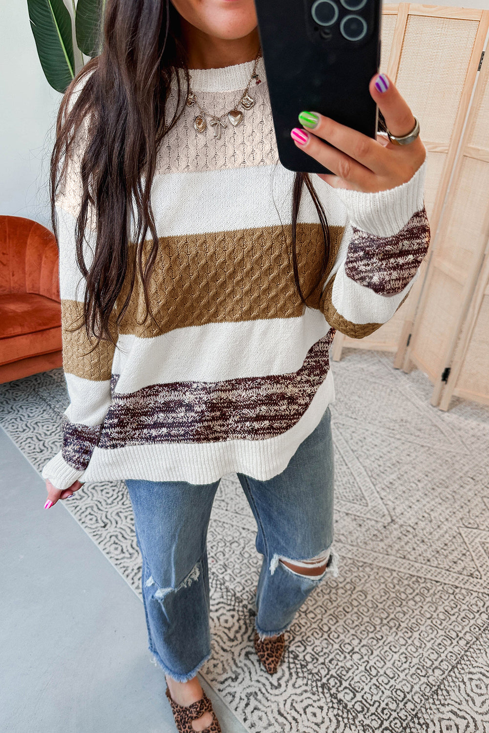 Brown Mixed Texture Knit Striped Color Block Loose Sweater