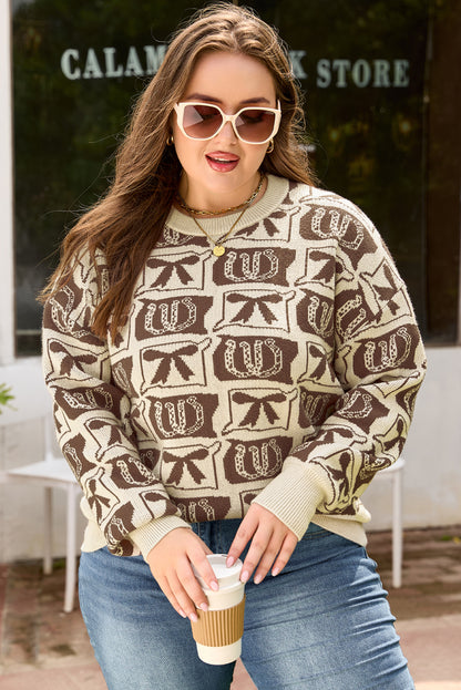 Brown Bow Horseshoe Print Checkered Plus Size Sweater