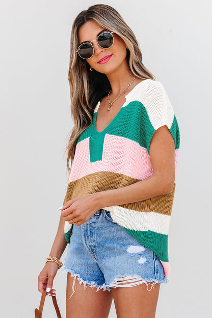 Pink Color Block Notch V Neck Sweater T Shirt